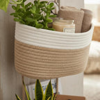Hanging Wall Basket, Over the Door Hanging Basket with Hooks, 3-Tier Cotton Hanging Basket for Organizing, Decorative Boho Chic Decor for Wall, Bedroom, Living Room, Nursery, Whte & Jute