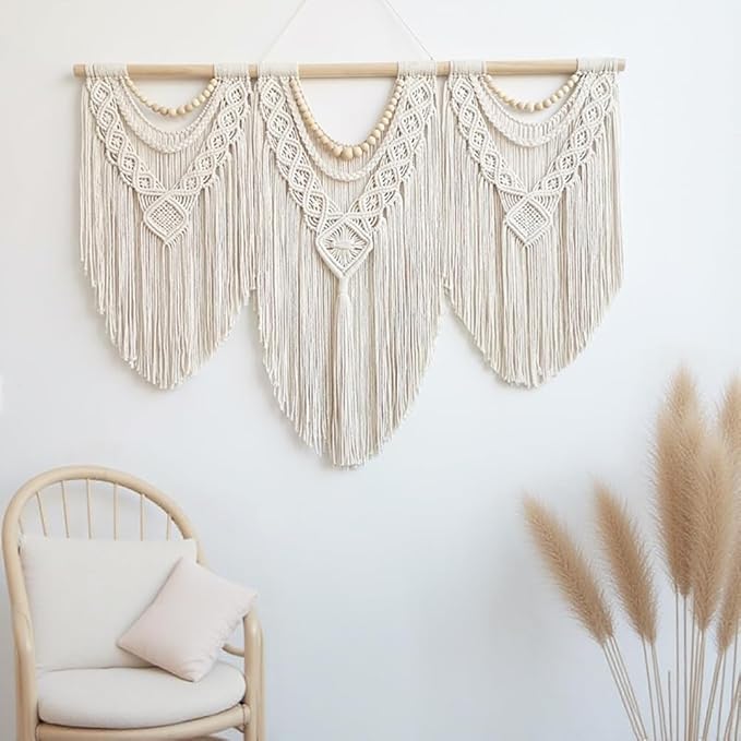 oiikain Large Handmade Boho Macrame Wall Hanging Tapestry - Chic Bohemian Woven Home Decor art for Living Room, Bedroom, and Wedding Parties (43''x32'', Wooden beads)
