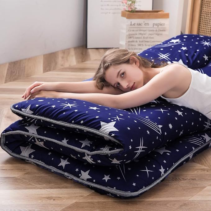 MAXYOYO Navy Starry Sky Japanese Floor Futon Mattress, Tatami Mat Portable Camping Mattress Kids Sleeping Pad Foldable Roll Up Floor Lounger Couch Bed, King Size