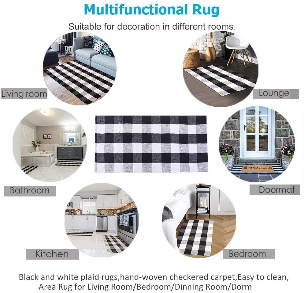 Outdoor Front Door Porch Rug 2x4.3 ft Front Door Rugs Stripe Black White Layering Under Door Mats Rugs. Cotton Woven Checkered Runner, Carpet for Farmhouse Laundry Welcome Deocr