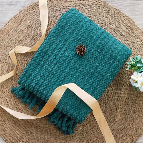 Striped Knit Throw Blanket with Braided Tassels 50" x 60", Hand Knitted Soft Chunky Chain Design Boho Farmhouse Blanket, Solid Color Tassel Decor Throw for Couch Bed Sofa Outdoor, Dark Teal - color: Dark Teal