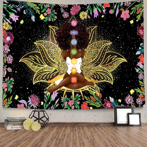 Ine Ive African Chakra Tapestry African American Woman Zen Meditation Poster Starry Sky Flower Garden Inspirational Afro Yoga Wall Art Tapestry for Bedroom Dorm Decor (90x84 inch) - size: 90"L x 84"W