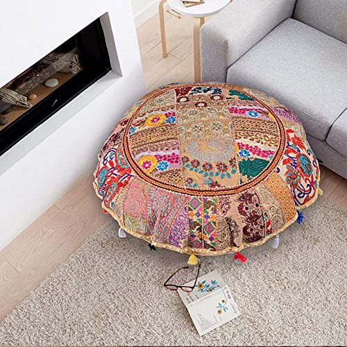 Rajasthani Handmade Colorful Decorative Floor Pillow Cover Meditation Patchwork Patchwork Cushion Seating Accent Boho Chic Indian Handmade Cover ONLY (Beige, 32X32 Inches) - color: Beige