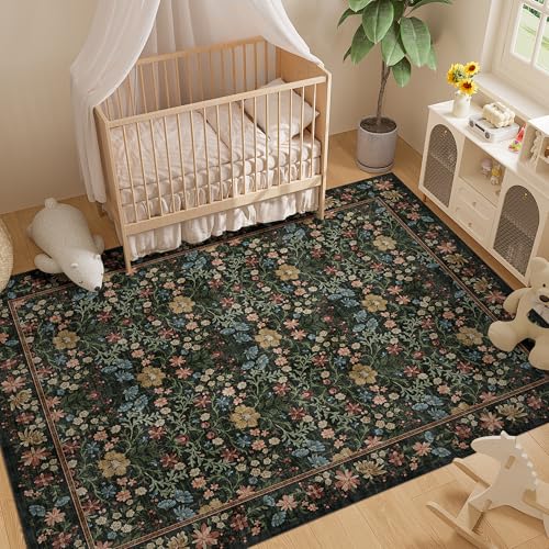 DUKINO 8x10 Area Rugs for Living Room, Vintage Floral Washable Rug with Non Slip Backing, Soft Low Pile & Non-Shedding Large Carpets for Bedroom, Farmhouse, Dining Room, Home Office, Black - color: Black, size: 8' x 10' (Rectangular)