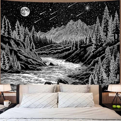 Zussun Black and White Forest Mountain Tapestry for Bedroom Aesthetic Dark Nature Pine Trees Stream Tapestries Wall Hanging Moon and Stars Wall Tapestry for Living Room Dorm 60 × 44 Inch - color: Black Stream, size: 60"L x 44"W