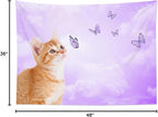 LB Funny Cat Butterfly Tapestry Wall Hanging Cute Cat with Butterfly on Fantasy Cloud Purple Sky Wall Decor Animal Tapestry for Bedroom Living Room Dorm 48Wx36L Inches