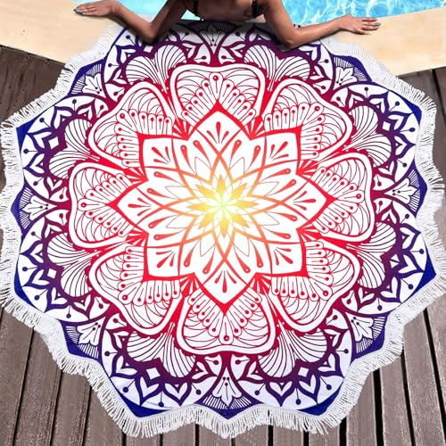 Benefeet Sox Large Mandala Beach Towel Round Microfiber Circle Beach Towels Bohemian Roundie Beach Blanket Quick Dry Beach Throw Blanket Sand Free Pool Towels, 59 Inches Purple Orange - color: Mandala, Purple Orange