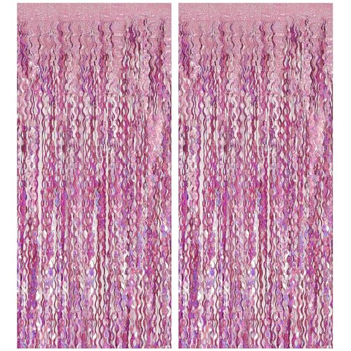 Pink Streamers Fringe Backdrop Party Decorations Tinsel Foil Fringe Curtains Wavy Sparkle Metallic Pink Curtain Photo Booth Props for Birthday Wedding Valentines Day Bachelorette Decorations - color: Pink, size: 2 Pack