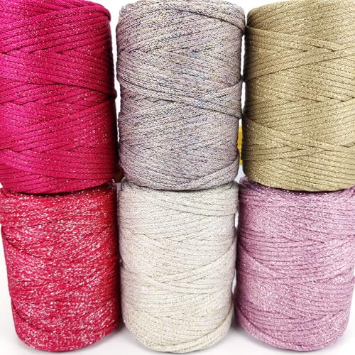 3mm Sparkle Polyester Macramé Cord - 150g/66yds Metallic Glitter Braided Cord for Crocheting Bags, Baskets, Macramé Plant Hangers & DIY Crafts, Machine Washable (2#Beige Gold) - color: 2#beige Gold