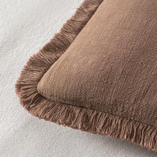 MIULEE Decorative Throw Pillow Covers Neutral Linen Fringe Throw Pillows Set of 2 Dark Coffee Boho Farmhouse Cushion Covers with Tassels for Couch Sofa Bed Living Room Spring Home Decor 18x18 Inch - color: Dark Coffee, size: 18" x 18" (Pack of 2)