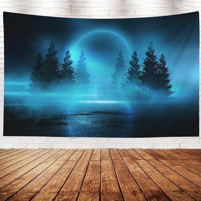 EMMTEEY Moon Tapestry - Moonlight Shine Dark Natural Scene with Reflection in Water - Neon Blue Tree - 60x40 - Dorm Tapestry