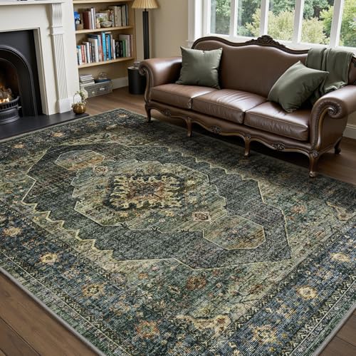 Engiw Olive Green 8x10 Area Rugs for Living Room Bedroom Rug Washable Vintage Neutral Farmhouse Rug Carpet Dining Room Rugs Office Retro Oriental Easy Clean Non Slip Large - color: Dark Green/Olive, size: 8' x 10' (Rectangular)