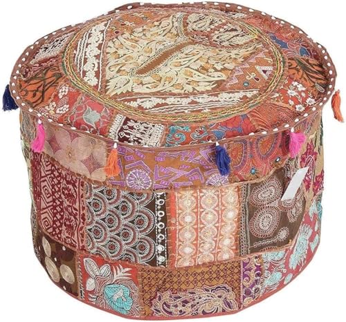Indian Pouf Footstool Ethnic Embroidered Pouf Cover, India Cotton Round Pouffe Ottoman Pouf Cover Pillow Ethnic Decor Art-Cover Only-Indian Ottoman poufs - color: Brown, size: 18"D x 18"W x 14"H