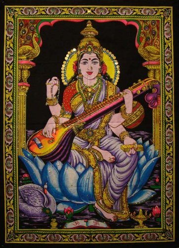 Cotton Canvas Goddess SARASWATI 43" X 30" Tapestry by Cotton Canvas Goddess SARASWATI 40" X 30" Tapestr