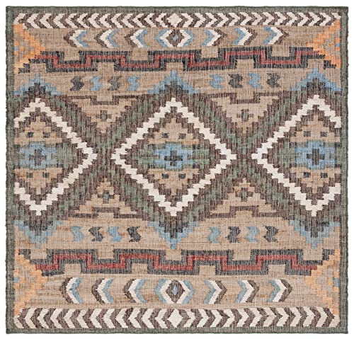 SAFAVIEH Kilim Collection Area Rug - 7' Square, Natural & Blue, Handmade Flat Weave Jute, Ideal for High Traffic Areas in Living Room, Bedroom (KLM760M) - size: 7' x 7' (Square)