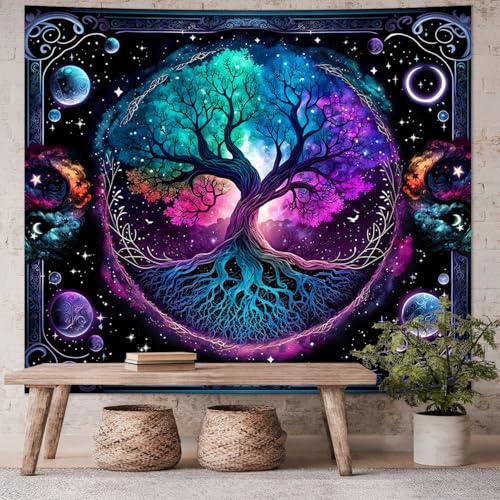 TVTLTVT Tree of Life Tapestry Sun Moon Stars Wall Hanging Boho Mandala Spiritual Wall Art Aesthetic Galaxy Wall Tapestry Nature Plant Decoration for Home Decor Bedroom Living Room Dorm Decor 59x51in - color: S02-Tree of Life