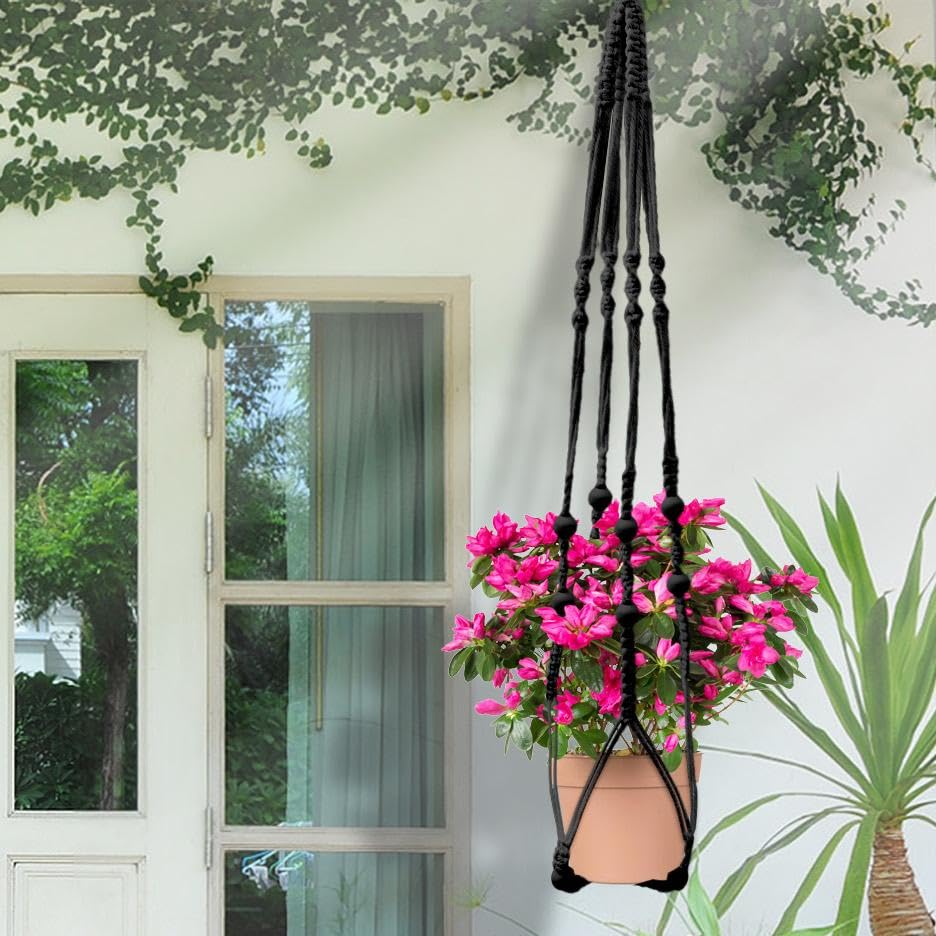Boho Macrame Plant Hanger, 35 Inch Handmade Cotton Rope Hanging Planter Basket with Wooden Beads for Indoor & Outdoor Decor (Black, Set of 1) - color: Black