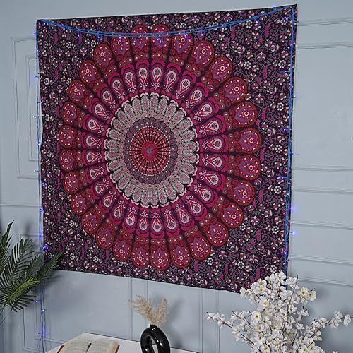 FURNISHFUL FINESSE Handmade Cotton Peacock Mandala Tapestry - Purple Pink Ombre Boho Wall Decor, Bohemian Hippie Room Hanging for Bedroom & Dorm Aesthetic - 50x60 Inches - color: Purple Pink, size: 60"L x 50"W