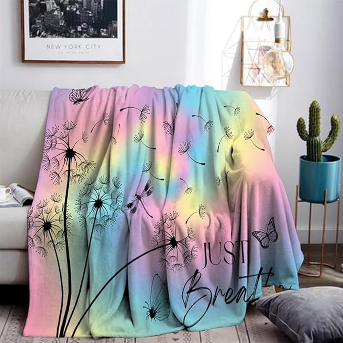 Colorful Ink Dandelion Just Breathe Throw Blanket Inspirational Butterfly Blankets for Kids Girls Boys Women Room Decor Rainbow Fleece Blanket Blue Pink Black Blanket for Chair Sofa 40"x50"