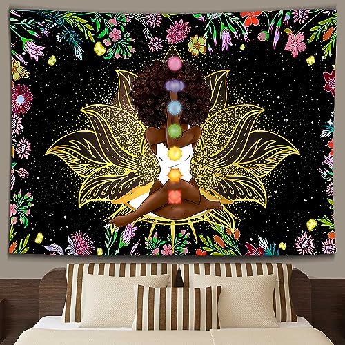 Ine Ive African Chakra Tapestry African American Woman Zen Meditation Tapestries 80x60 Inch Starry Sky Flower Garden Inspirational Afro Yoga Wall Art for Bedroom Dorm Decor - size: 80"L x 60"W