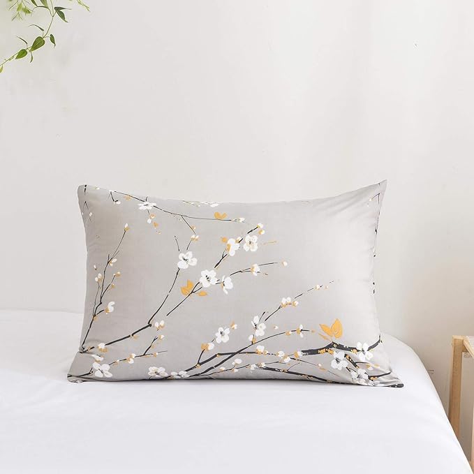 NANKO Floral Pillow Case Set (2 Pack), Tan Gray Plum Blossom Flower Pattern Printed Pillowcases/Pillow Shams - 20x30 inch Standard Queen Size