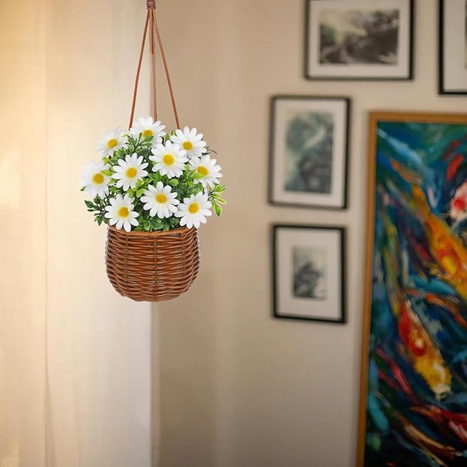 Artificial Daisy Flowers with Hanging Woven Basket, Faux Chrysanthemums in Fake Rattan Planter with Rope, Realistic Floral Arrangement for Home Porch Patio Balcony Indoor Outdoor Summer Decor, White