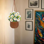 Artificial Daisy Flowers with Hanging Woven Basket, Faux Chrysanthemums in Fake Rattan Planter with Rope, Realistic Floral Arrangement for Home Porch Patio Balcony Indoor Outdoor Summer Decor, White