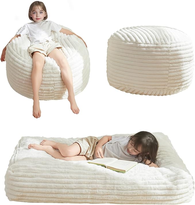 MAXYOYO Kids Bean Bag Chair Bed, Convertible Children Chair to Floor Mattress with Filler, Faux Fur Bean Bag Bed Stuffed Child Sofa Couch for Girl Boy Sleeping, Machine Washable Cover, Beige