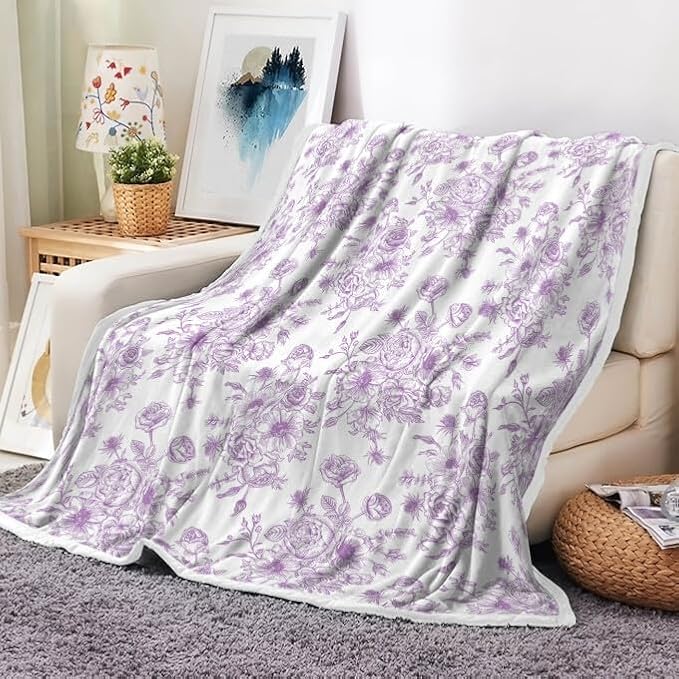 Floral Throw Blanket, Botanical Floral Blanket, Soft, Flannel, Warm, Boho Floral Bed Blanket All Season Flower Throw Blanket for Couch Bedroom Living Room, Purple 60X70 Inch