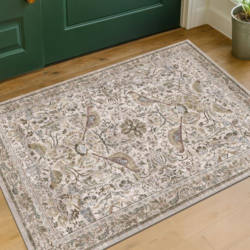 Boho Moss 2x3 Indoor Rugs for Entryway, Vintage Washable Small Throw Rug for Kitchen, Non Slip Soft Floral Bathroom Carpet with Bird Pattern, Low Pile & Stain Resistant - color: Moss Green, size: 2' x 3' (Rectangular)