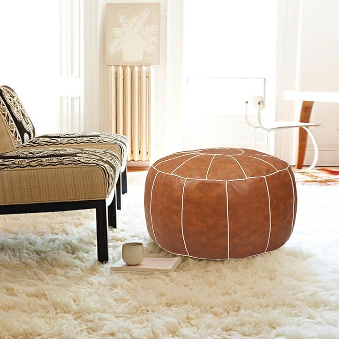 Decorative Pouf Foot Stool Round Unstuffed Leather Ottoman Cushion Storage seat or for Resting Your Feet on, Floor Chair Foot Living Room Bedroom Kids Room and Wedding (Brown)