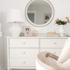 sawsile Round Wood Mirror,32 inch Circle Rustic Farmhouse White Wooden Frame Boho Beads Wall Mirror for Bathroom,Living Room,Bedroom or Entryway