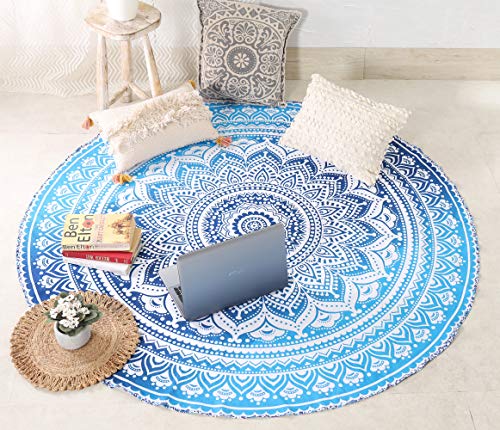 Popular Handicrafts Round Tapestry Wall Hanging Ombre Hippie Mandala Bohemian Hippy Intricate Indian Tapestries Tablecloth 68 Inches (173cm) Blue & Black Grey - color: Blue and Black Grey