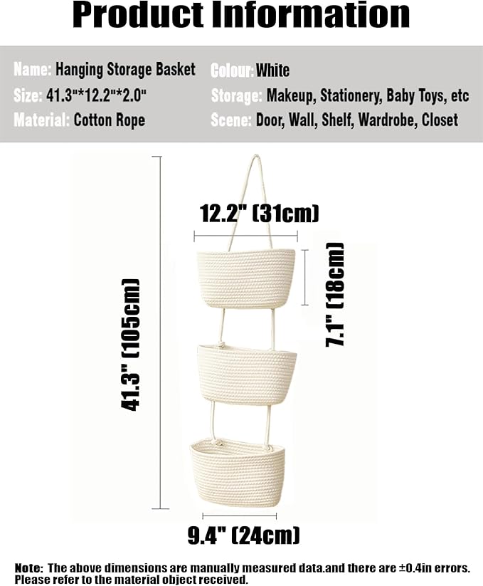 AARAINBOW Wall Hanging Cotton Baskets, Large 3 Tier Decorative Basket for Wall, Nursery, Bathroom, Boho Organizing (B-White)