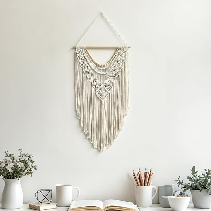 guzhiou Macrame Wall Hanging Boho Geometric Woven Tapestry Cotton Handmade Bohemian Art Decor with Wood Bead Wall Decor for Bedroom Living Room Apartment Nursery 31.5" L x 17" W(Wood bead-A)