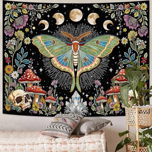Accnicc Moth Tapestry Boho Mushroom Hippie Skull Wall Tapestry for Bedroom Aesthetic Vintage Floral Plant Moon Phase Small Tapestries Wall Hanging for Dorm Living Room Decor 60 x 44 Inch - color: Green Black, size: 60"L x 44"W