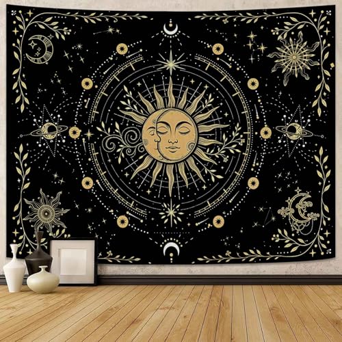 Kanuyee Celestial Sun and Moon Tapestry, Cosmic Stars Wall Tapestry, Bohemian Galaxy Tapestries for Room Decor, Artistic Tapestry 80"x60" - color: Gold Black, size: 80"L x 60"W