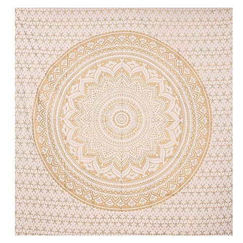THE ART BOX Gold Mandala Tapestry – Boho Wall Hanging for Bedroom Aesthetic, Indie Hippie Room Decor – White & Gold Trippy Mandala Wall Art – 55x82 Inches - color: Gold and White, size: 55"L x 82"W