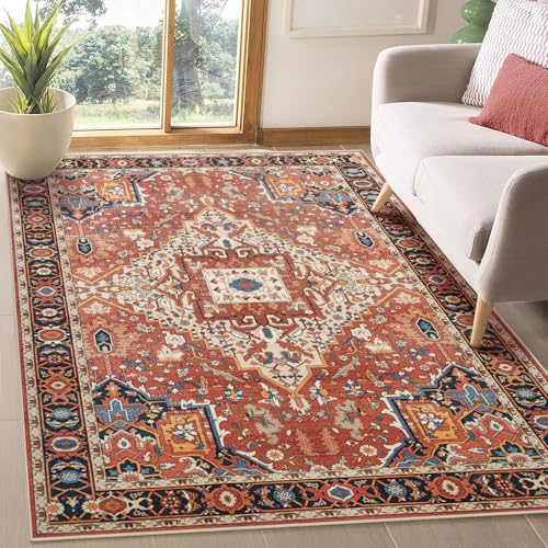 Amearea Vintage Design Orange Area Rugs for Living Room, 4x6 Machine Washable Floral Collection Traditional Bedroom Rug, Low Pile Dinning Room Carpet, No Slip Office Kitchen Home Decor, Orange - color: Orange, size: 4' X 6' (Rectangular)