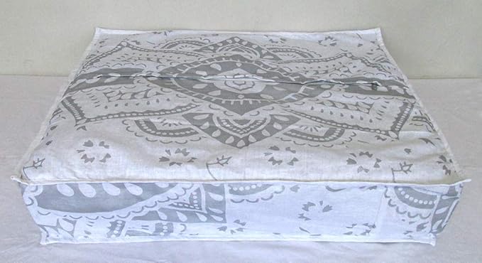 ICC Large Square Floor Pillow Cover Hippie Ottoman Pouf Cover Daybed Cotton Mandala Cushion Cover with Heavy Duty Zipper Seating Ottoman Poufs Dog-Pets Bed (White Silver Flower, 35" Square)