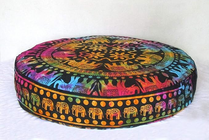 ICC Large Hippie Mandala Round Floor Pillow Cover Ottoman Pouf Cover Daybed Oversized Cotton Cushion Cover with Heavy Duty Zipper Seating Ottoman Poufs Dog-Pets Bed (Multi UP Elephant, 35" Round)