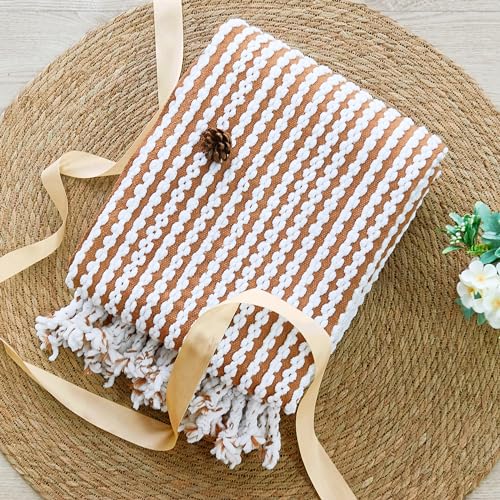 Striped Knit Throw Blanket with Braided Tassels 50" x 60", Hand Knitted Soft Chunky Chain Design Boho Farmhouse Blanket, Two Tone Tassel Decor Throw for Couch Bed Sofa Outdoor, Camel White - color: Camel White
