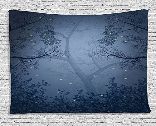 Ambesonne Mystic Forest Tapestry, Foggy Dark Gloomy Horror Misty Woodland Dragonflies on Branches Print, Wide Wall Hanging for Bedroom Living Room Dorm, 60" X 40", Slate Blue - color: Slate Blue, size: 60"L x 40"W