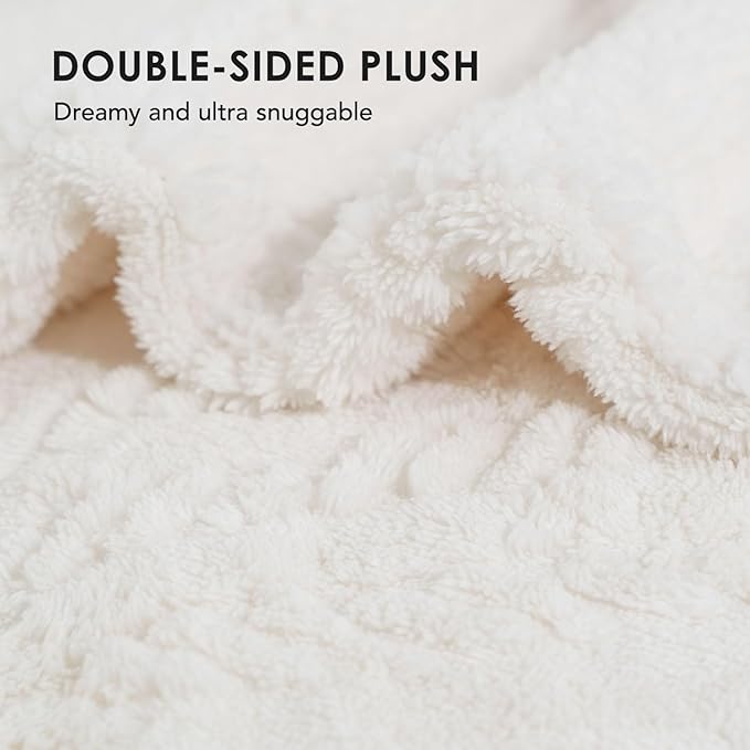 EverGrace Cable Jacquard Sherpa Fleece Throw Blanket for Couch, Super Soft Cozy Fuzzy Plush Blankets for All Seasons, Reversible Thick Warm Blanket for Bed, Sofa, Living Room, Ivory White, 50" x 60"