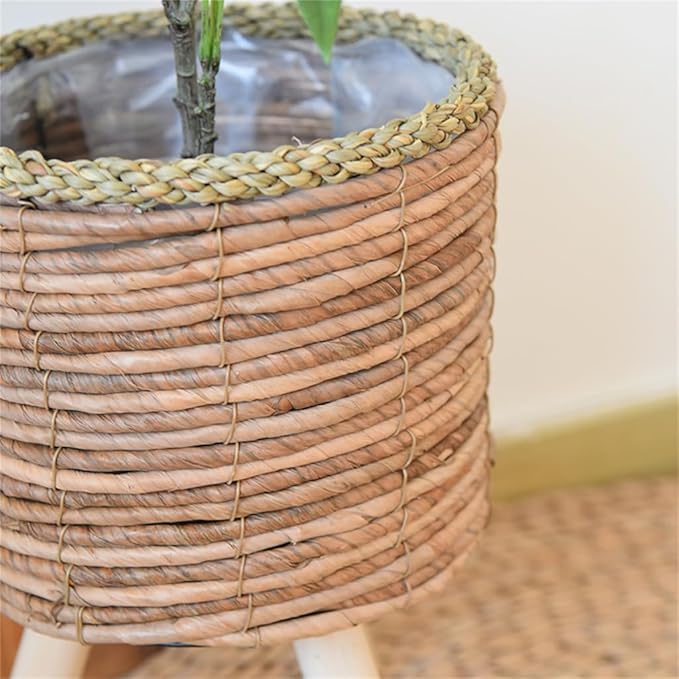 Woven Rattan Woven Plant Pot On Wooden Standing Legs, Round Floor Rattan Plant Stand Holder, Wicker Plant Basket with Stand for Living Room Balcony Home Decor