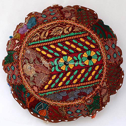 Round Bohemian Floor Pillow Boho Dark Brown 18 Inch Patchwork Yoga Ottoman Stool Home Decor Embroidered Vintage Cotton Indian Floor Cushion Adult 45 cm