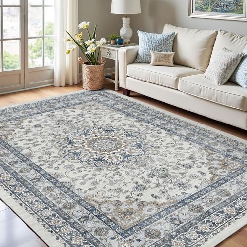 Farmhouse 6x9 Nursery Rug, Low Pile & Non Slip Area Rug for Living Room, Bedroom, Dining Room Table, Blue and Grey High Traffic - Non Shedding & Stain Resistant Soft Carpet, Faded Print Accent Mat - color: Blue / Grey / Brown, size: 6' x 9' (Rectangular)