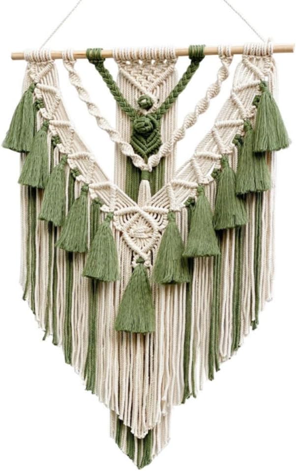 Boho Macrame Wall Hanging & Wall Decor, Cotton Handmade Tapestry with Tassel, Woven Macrame Wall Art for Decorating Bedroom Living Room Apartment Nursery (Green)