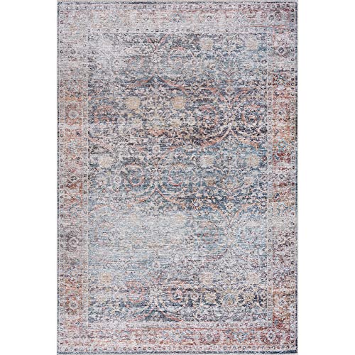 Bloom Rugs Washable Non-Slip 2x3 Rug - Ocean Blue/Brick Traditional Oriental Area Rug for Living Room, Bedroom, Dining Room, and Kitchen - Exact Size: 2' x 3' - color: Ocean Blue / Brick, size: 2' x 3' (Rectangular)