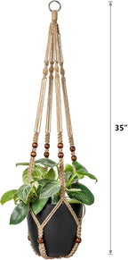 Mkono Macrame Plant Hangers Indoor Jute Hanging Planter Basket and Ceiling Hooks, Wood Beads Decorative Flower Pot Holder for Indoor Outdoor Boho Home Decor,Brown，Set of 2